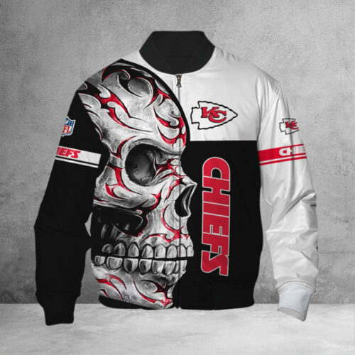 Kansas City Chiefs Skull Flame 3D Bomber Jacket - ChiefsFam