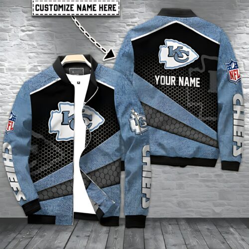 Personalized Kansas City Chiefs Denim Hex Bomber Jacket - ChiefsFam