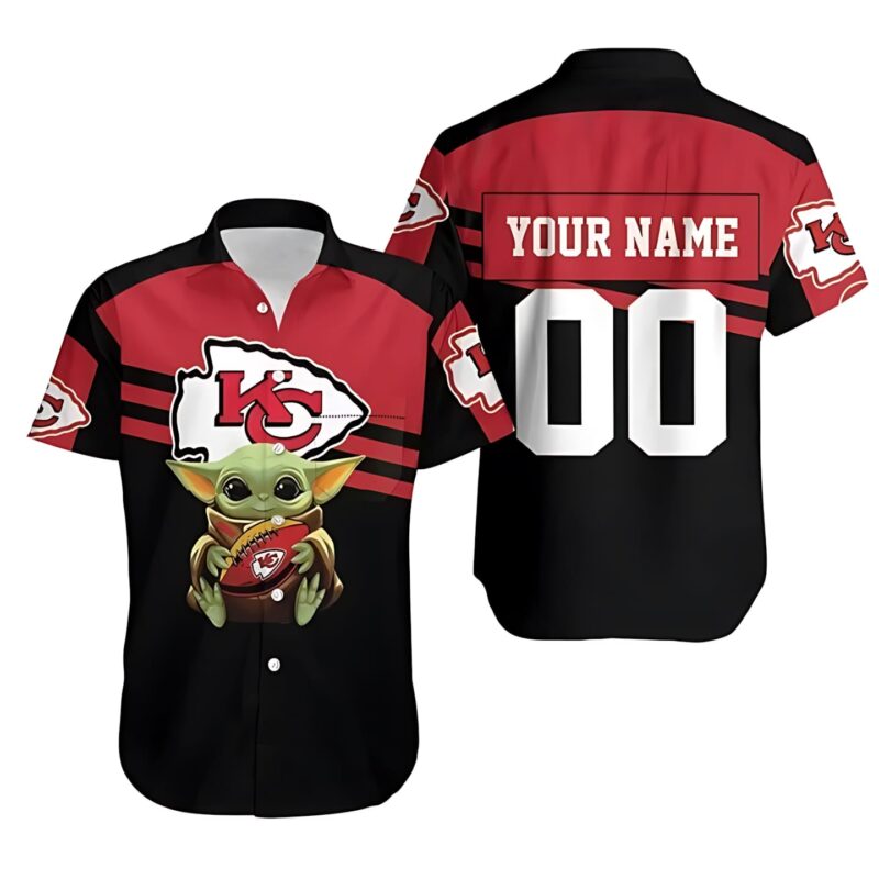Kansas City Chiefs Baby Yoda Hug Chiefs Ball Logo Personalized Hawaiian Shirt - ChiefsFam