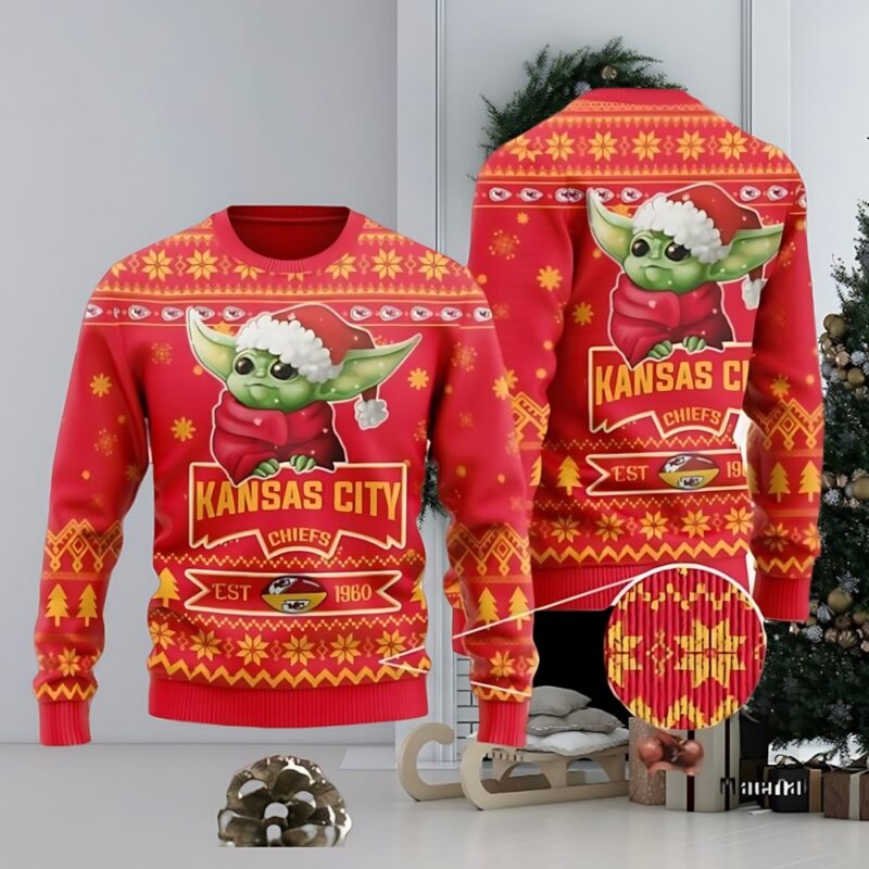 Kansas City Chiefs Cute Baby Yoda Grogu Ugly Christmas Sweater - ChiefsFam