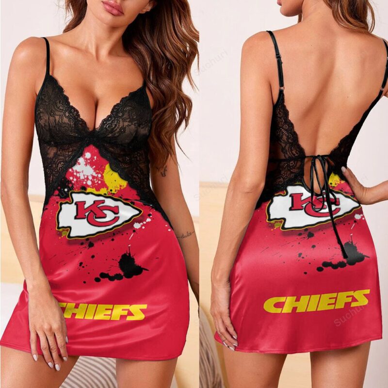 Kansas City Chiefs Emblem Brush 3d Back Straps Cami Dress With Lace