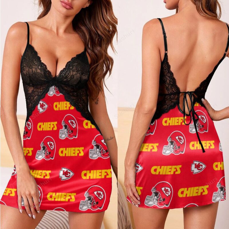 Kansas City Chiefs Emblem Helmet 3d Back Straps Cami Dress With Lace