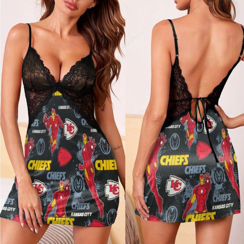 Kansas City Chiefs Emblem Iron Man 3d Back Straps Cami Dress With Lace
