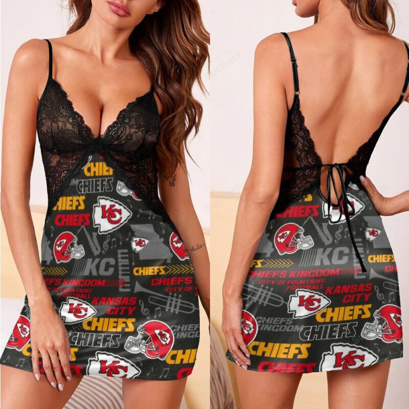 Kansas City Chiefs Emblem v2 3d Back Straps Cami Dress With Lace