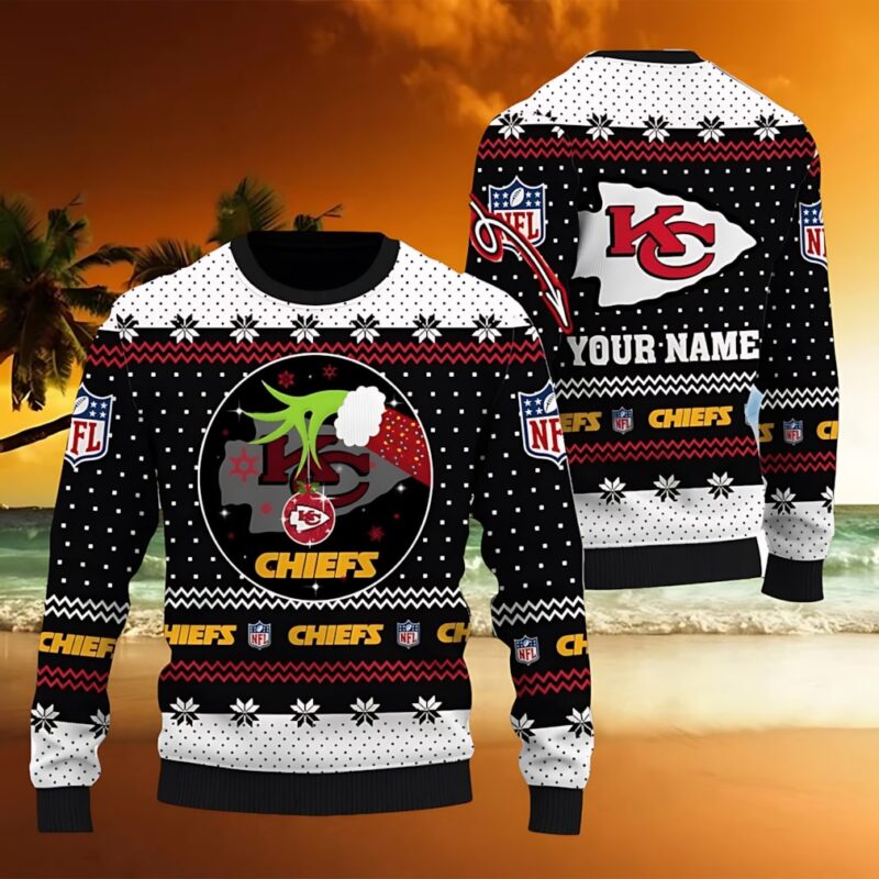 Kansas City Chiefs Grinch Hand Personalized Name 3D Ugly Christmas Sweater - ChiefsFam
