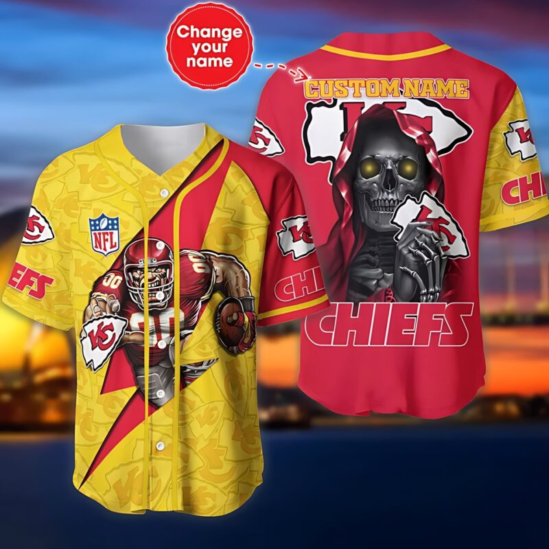 Kansas City Chiefs Personalized Yellow and Red Skeleton Baseball Jersey - ChiefsFam