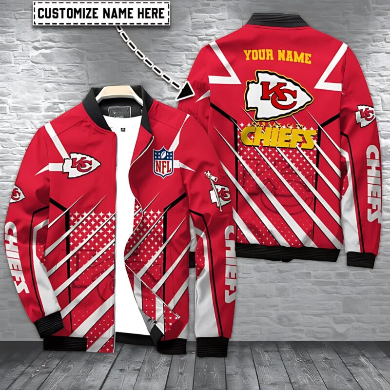 Kansas City Chiefs Red & White Striped Personalized Bomber Jacket - ChiefsFam