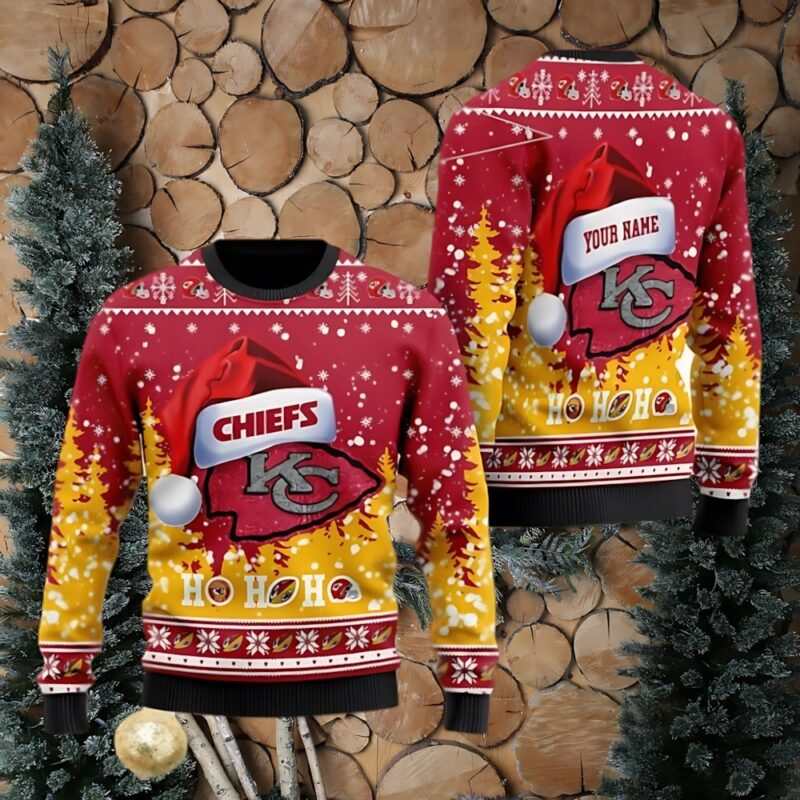 Kansas City Chiefs Symbol Wearing Santa Claus Hat Ho Ho Ho Personalized Ugly Christmas Sweater - ChiefsFam