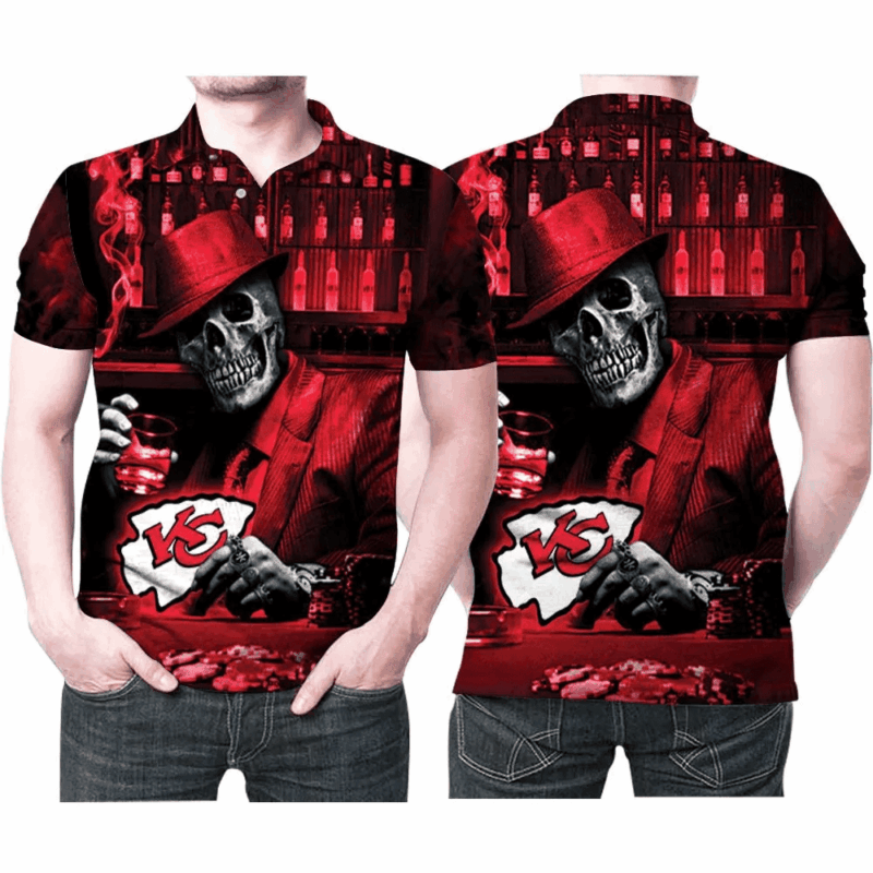 Skull Casino Pokers Kansas City Chiefs Logo 3D Polo Shirt - ChiefsFam