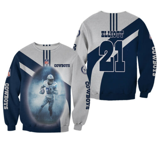 Dallas Cowboys Ezekiel Elliott 21 Dark Blue Jersey Style 3D Allover Designed Gift For Cowboys Fans Elliott Fans Sweater