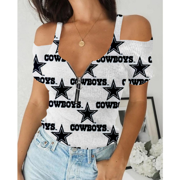 Women's Summer Dallas Cowboys Team Print Off-Shoulder V-Neck Zipper Slim Sexy T-Shirt