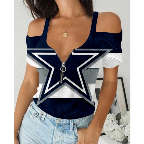 Women's Summer Dallas Cowboys Team Print Off-Shoulder V-Neck Zipper Slim Sexy T-Shirt