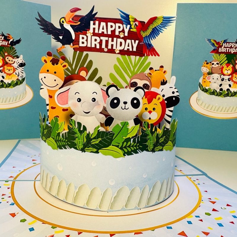 Happy Birthday Cake Safari Baby Jungle Party Handmade By Origami Pop Cards 3D Pop Up Greeting Card