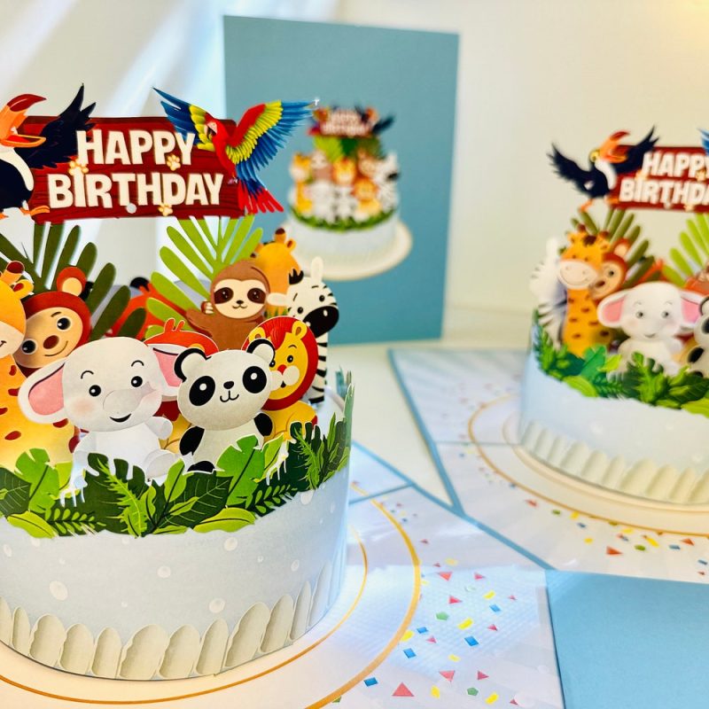Happy Birthday Cake Safari Baby Jungle Party Handmade By Origami Pop Cards 3D Pop Up Greeting Card - Image 9