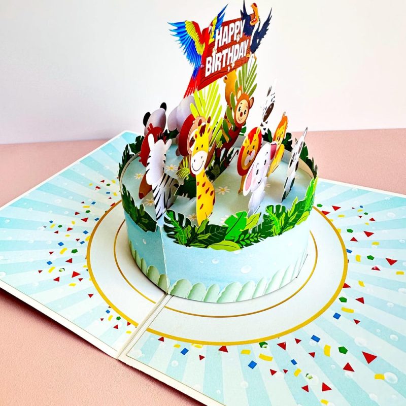 Birthday Card For Kids, Birthday Card For Children, Colorful Birthday Cake With Cute Animals, Birthday Cake Pop-Up Card - Image 2