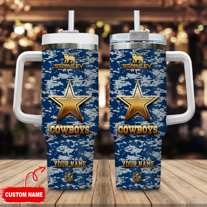 Dallas Cowboys NFL Camouflage Golden Logo Custom Stanley Cup 40 oz 30 oz Tumbler With Handle | StormMerch