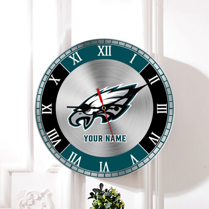 Sportswearmerch Philadelphia Eagles NFL Custom Name Round Wall Clock For Home Gift For Fan - Sportswearmerch