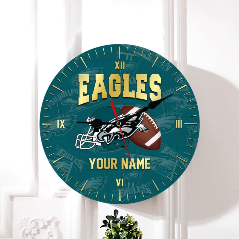 Sportswearmerch Philadelphia Eagles NFL Custom Name Round Wall Clock Gifts For Fans - Sportswearmerch