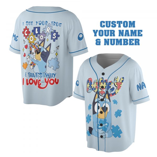 Custom Bluey Baseball Jersey - Personalize Name & Number, True Colors Design, Perfect Gift!