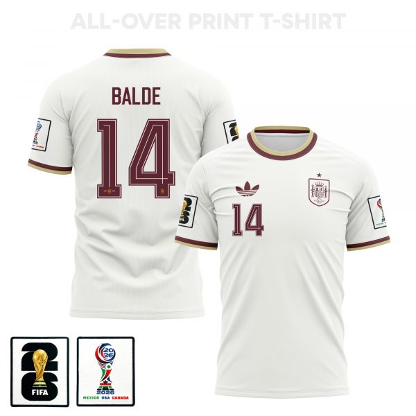 Alejandro Balde 14 Spain 2026 Away 3D T-Shirt Fully Printed – Unisex, White - Jersey Teams