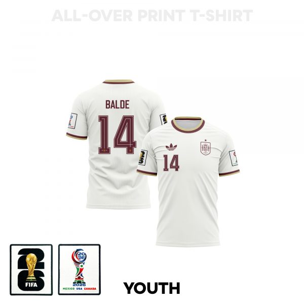 Alejandro Balde 14 Youth Spain 2026 Away 3D T-shirt Fully Printed – White - Jersey Teams