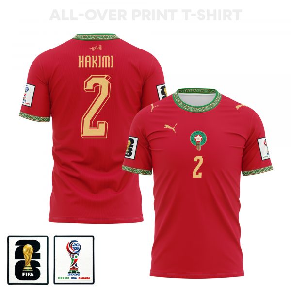 Achraf Hakimi 2 Morocco 2026 Home 3D T-Shirt Fully Printed – Unisex, Red - Jersey Teams