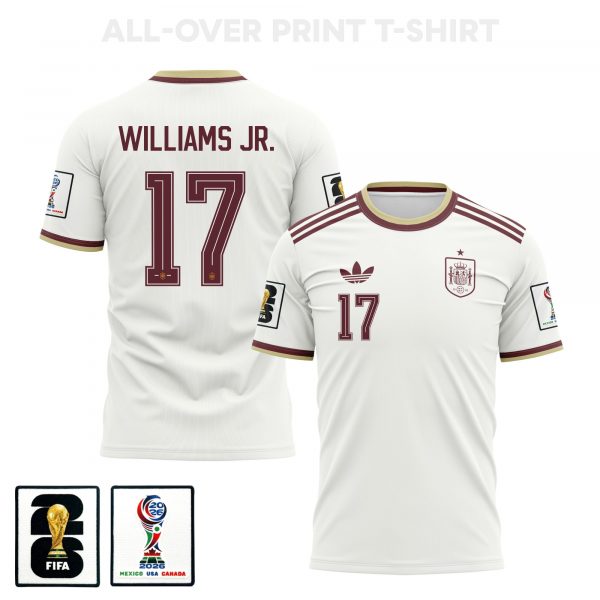 Nico Williams 17 Spain 2026 Away 3D T-Shirt Fully Printed – Unisex, White - Jersey Teams