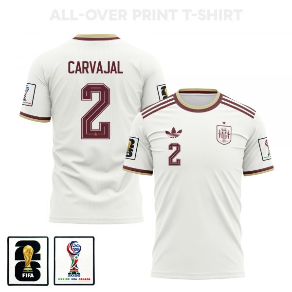 Dani Carvajal 2 Spain 2026 Away 3D T-Shirt Fully Printed – Unisex, White - Jersey Teams