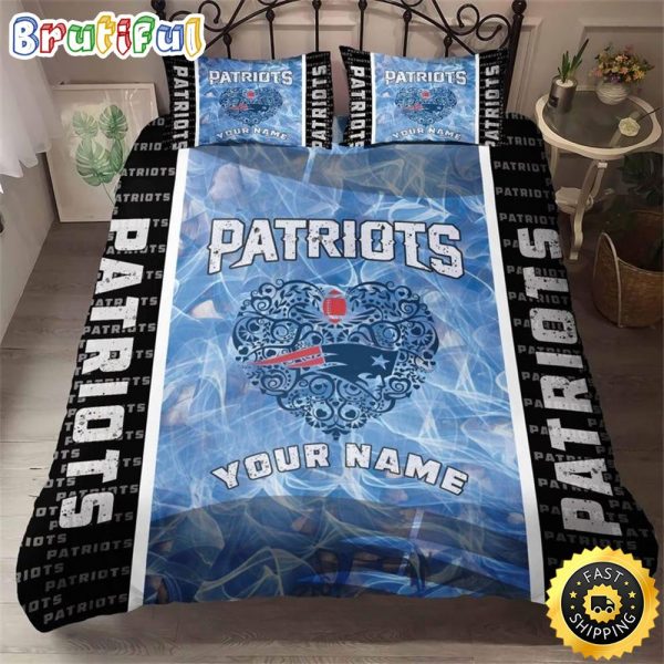 NFL New England Patriots Black Light Blue Heart Custom Name Bedding Set