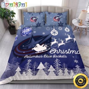 NHL Columbus Blue Jackets Bedding Sets Santa Claus Sleigh And Reindeer Christmas Bedding Sets Quilt Bedding Sets