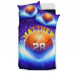 Personalized Basketball Duvet Cover Set, Basketball Ball Galaxy Blue Player Fan Gift Duvet Cover & Pillowcases, Custom Name Number Bedding Set