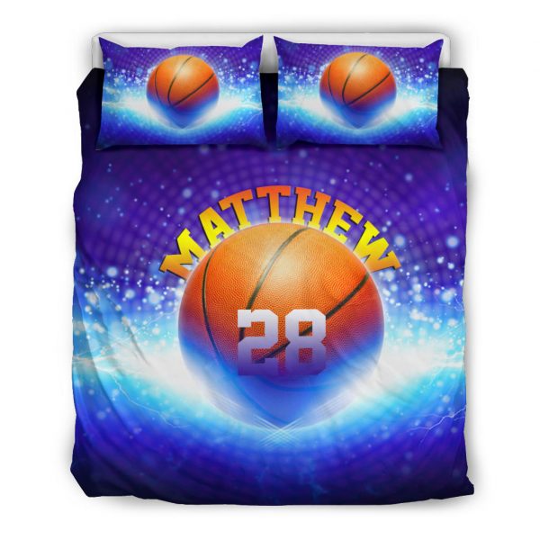 Personalized Basketball Duvet Cover Set, Basketball Ball Galaxy Blue Player Fan Gift Duvet Cover & Pillowcases, Custom Name Number Bedding Set