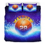 Personalized Basketball Duvet Cover Set, Basketball Ball Galaxy Blue Player Fan Gift Duvet Cover & Pillowcases, Custom Name Number Bedding Set