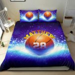 Personalized Basketball Duvet Cover Set, Basketball Ball Galaxy Blue Player Fan Gift Duvet Cover & Pillowcases, Custom Name Number Bedding Set