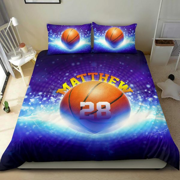 Personalized Basketball Duvet Cover Set, Basketball Ball Galaxy Blue Player Fan Gift Duvet Cover & Pillowcases, Custom Name Number Bedding Set