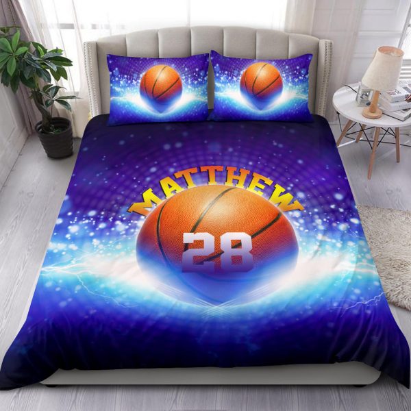 Personalized Basketball Duvet Cover Set, Basketball Ball Galaxy Blue Player Fan Gift Duvet Cover & Pillowcases, Custom Name Number Bedding Set