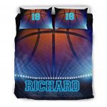 Personalized Basketball Duvet Cover Set, Basketball Big Ball 3D Printed Blue Player Duvet Cover & Pillowcases, Custom Name Number Bedding Set