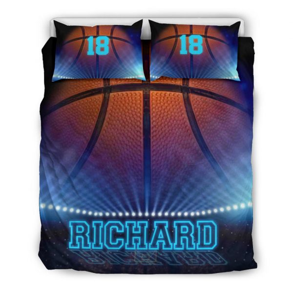 Personalized Basketball Duvet Cover Set, Basketball Big Ball 3D Printed Blue Player Duvet Cover & Pillowcases, Custom Name Number Bedding Set