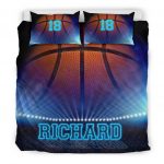 Personalized Basketball Duvet Cover Set, Basketball Big Ball 3D Printed Blue Player Duvet Cover & Pillowcases, Custom Name Number Bedding Set