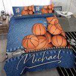 Personalized Basketball Duvet Cover Set, Basketball Ball Jeans Pattern Player Blue Duvet Cover & Pillowcases, Custom Name Number Bedding Set