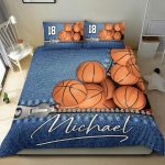 Personalized Basketball Duvet Cover Set, Basketball Ball Jeans Pattern Player Blue Duvet Cover & Pillowcases, Custom Name Number Bedding Set