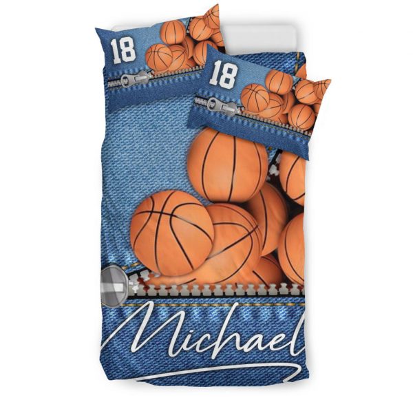 Personalized Basketball Duvet Cover Set, Basketball Ball Jeans Pattern Player Blue Duvet Cover & Pillowcases, Custom Name Number Bedding Set
