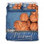 Personalized Basketball Duvet Cover Set, Basketball Ball Jeans Pattern Player Blue Duvet Cover & Pillowcases, Custom Name Number Bedding Set