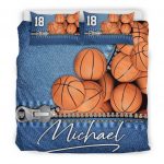 Personalized Basketball Duvet Cover Set, Basketball Ball Jeans Pattern Player Blue Duvet Cover & Pillowcases, Custom Name Number Bedding Set