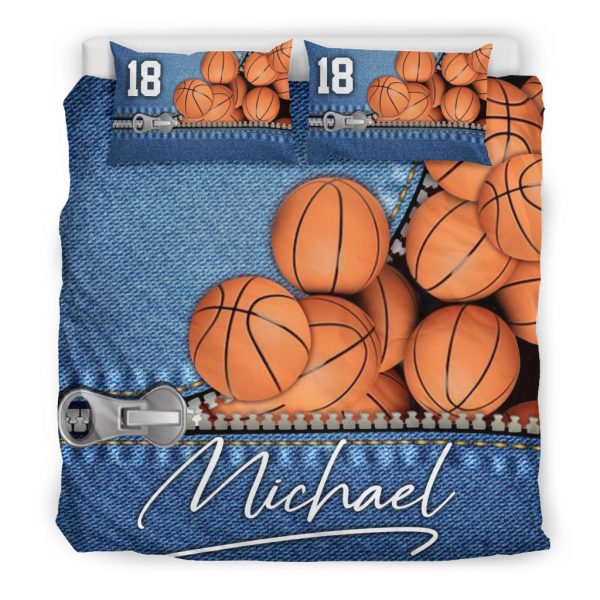 Personalized Basketball Duvet Cover Set, Basketball Ball Jeans Pattern Player Blue Duvet Cover & Pillowcases, Custom Name Number Bedding Set