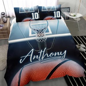 Personalized Basketball Duvet Cover Set, Basketball Ball Blue Light Player Gift Idea Duvet Cover & Pillowcases, Custom Name Number Bedding Set