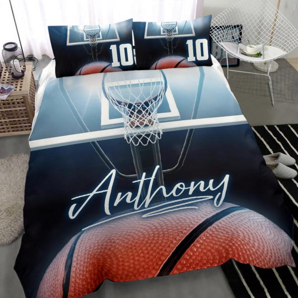 Personalized Basketball Duvet Cover Set, Basketball Ball Blue Light Player Gift Idea Duvet Cover & Pillowcases, Custom Name Number Bedding Set