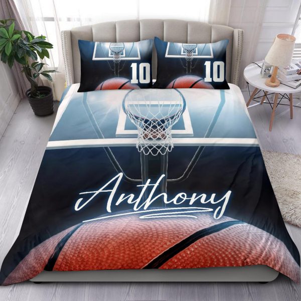 Personalized Basketball Duvet Cover Set, Basketball Ball Blue Light Player Gift Idea Duvet Cover & Pillowcases, Custom Name Number Bedding Set