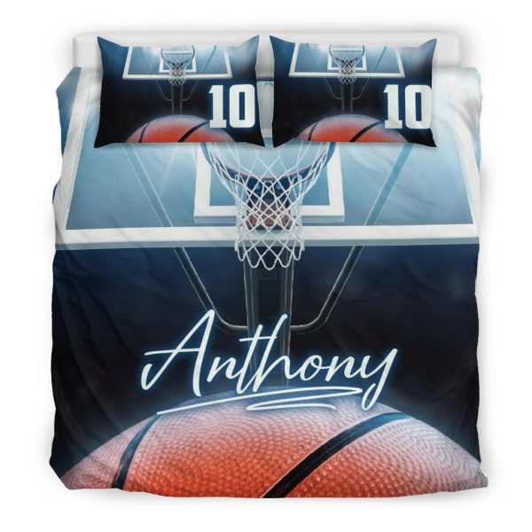Personalized Basketball Duvet Cover Set, Basketball Ball Blue Light Player Gift Idea Duvet Cover & Pillowcases, Custom Name Number Bedding Set