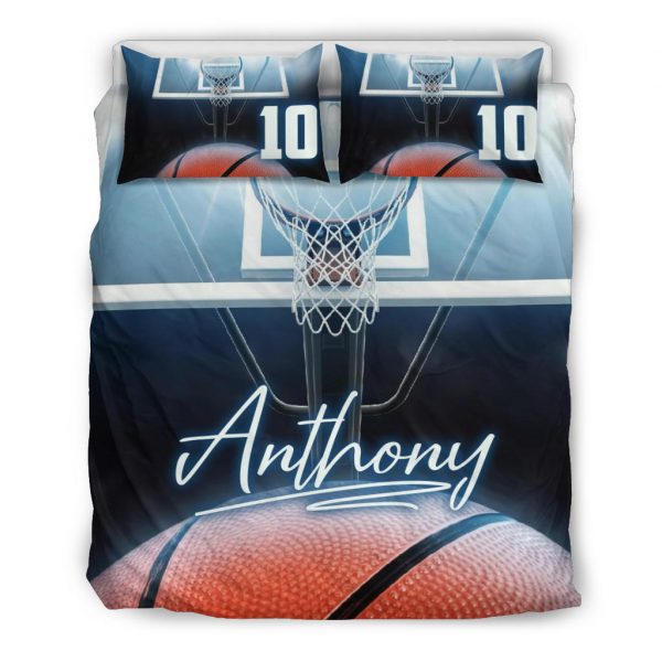 Personalized Basketball Duvet Cover Set, Basketball Ball Blue Light Player Gift Idea Duvet Cover & Pillowcases, Custom Name Number Bedding Set